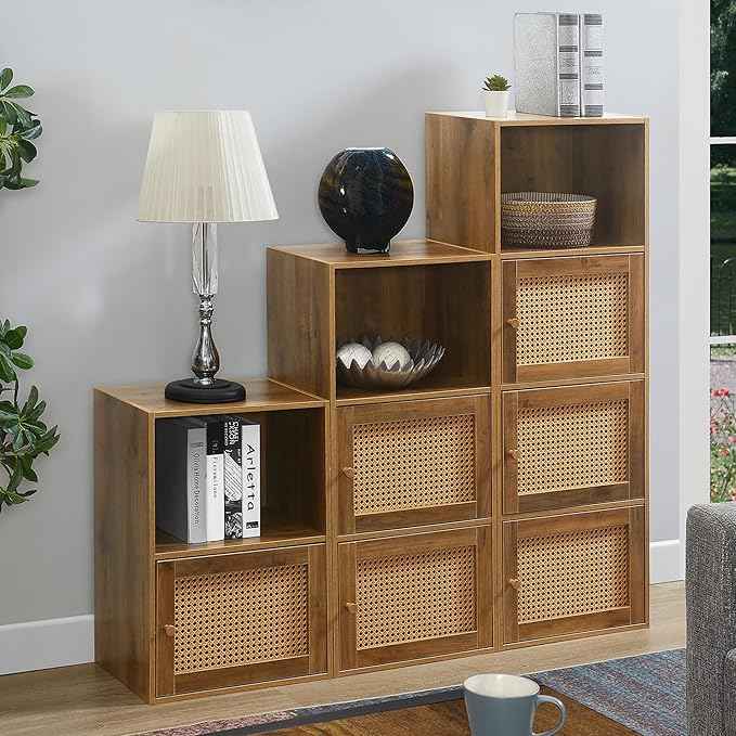 Convenience Concepts Xtra Storage Boho Weave 2 Door Cabinet 16.5" - Modern Storage Organizer with Shelf, 2 Cabinet Doors, for Living Room, Bathroom, Office, Den, Brown Autumn Haze/Beige Barley