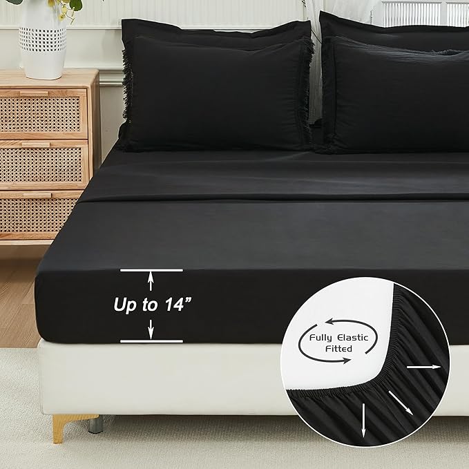 Andency Black Queen Size Comforter Set with Sheets - 7 Pieces Boho Tassel Bed in a Bag Soft Lightweight Bedding Sets, Black Fringe Bed Set with Comforter, Sheets, Pillowcases & Shams