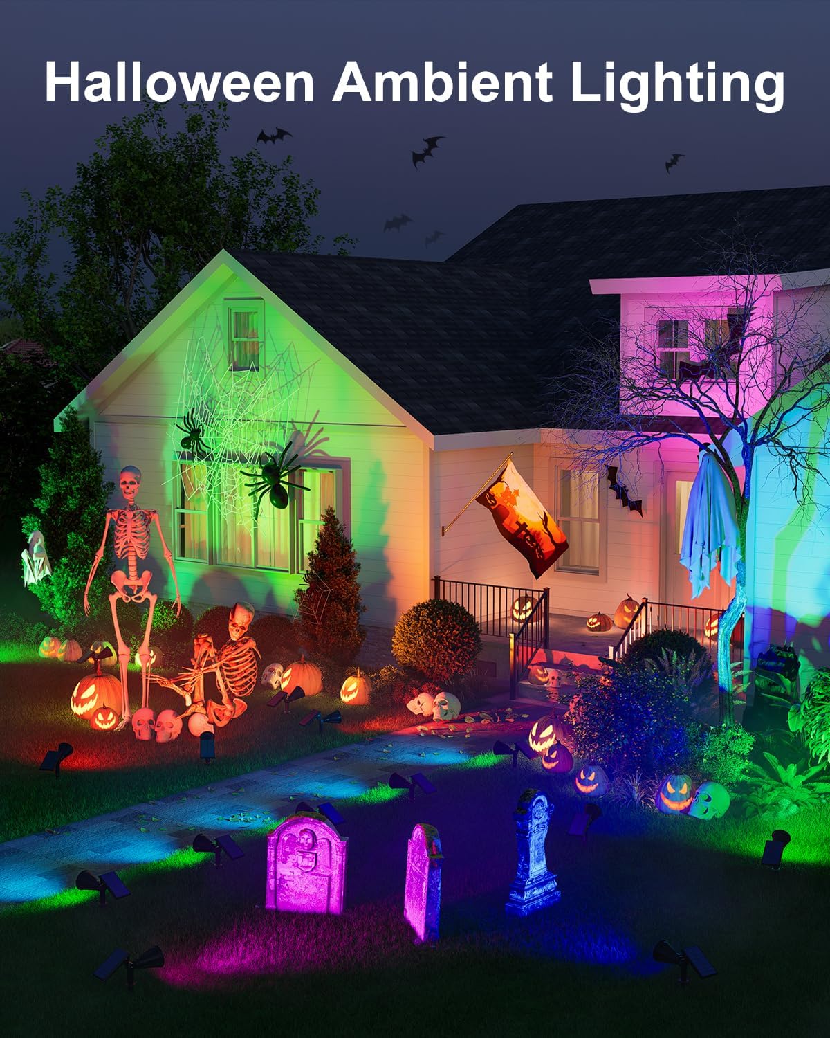 4 Pack Color Change Halloween Solar Spot Lights Outdoor Multicolor Waterproof Landscape Flood Lamp for Holiday Decorative, Skeletons, Spider Web, Bat, Statue, Ambient Lighting for Yard, Garden, Patio