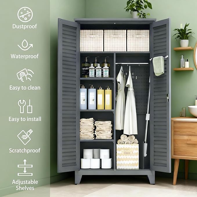 Shutter Metal Storage Cabinet,Waterproof 73'' Tall Freestanding Tool Chest w/ 3 Adjustable Shelves,Locking Doors,2 Hanging Rod,Utility Garage Storage Tool Cabinet for Garage,Home,Office,Outdoor,Black