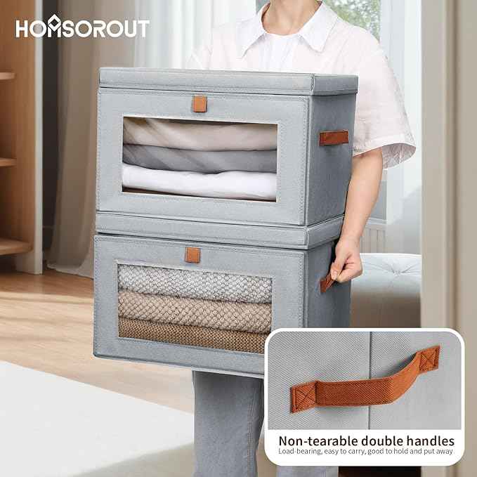 Large Closet Storage Bins - Collapsible Storage Bins with Handles & Window, Fabric Cube Organizer with Lids, Decorative Boxes for Living Room, Closet, Dorm, 4 Pack, Grey