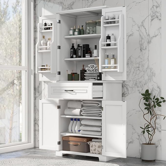 72.2" Storage Cabinet with Doors and Drawers, Tall and Wide Kicthen Pantry Cupboard Home Display Organizer with Door Shelf Rack for Bathroom, Adjustable Shelf, White