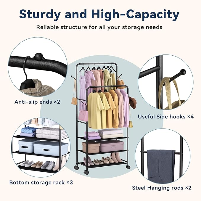 Whitmor Double Rod Clothes Rack: Metal Rolling Clothing Racks for Hanging Clothes, Heavy Duty Garment Rack with 3 Shelves, Portable Clothes Organizer for Bedroom, Laundry, Living Room, Black