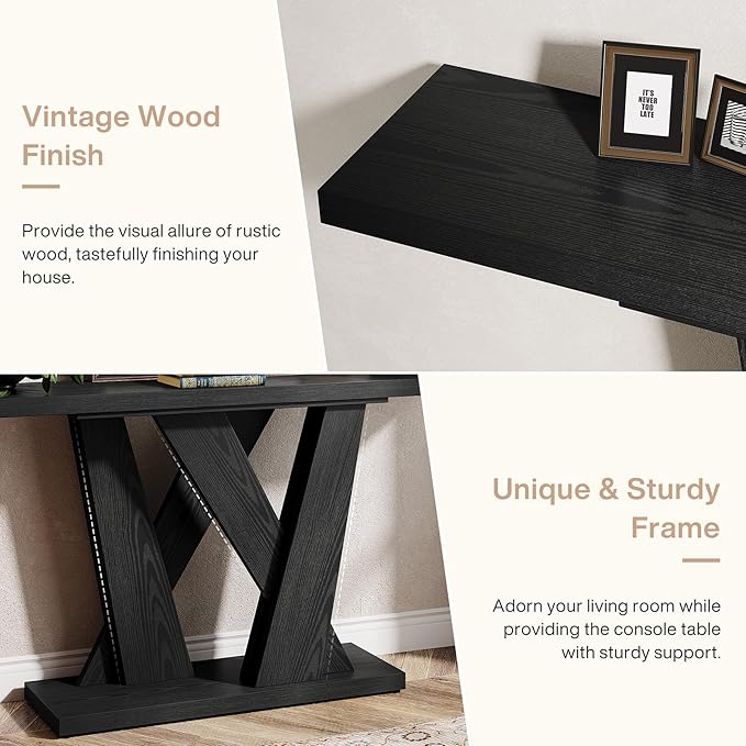 Tribesigns 55-Inch Farmhouse Console Table, Farmhouse Behind The Couch Table TV Stand with Geometric Base, Skinny Sofa Table Entryway Table for Entrance, Living Room, Hallway, Foyer, Black