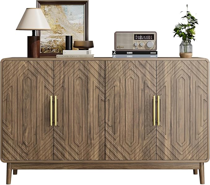 Ball & Cast 55" Modern Sideboard Cabinet with Storage, Carved 4-Door Buffet w/Adjustable Shelves & Solid Wood Legs, Credenza & Accent Cabinet for Living Room, Entryway, Kitchen,Dining Room,Walnut
