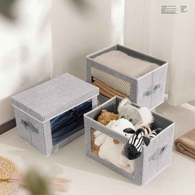 Stackable Storage Bins with Lids - Medium Storage Box with Lids, Foldable Storage Bins, Wardrobe Clothes Organizer with Window, Cubes Storage Bins for Living Room, 6 Pack, Blended