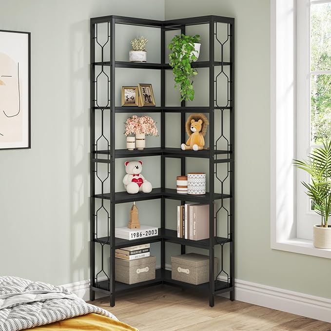 Tribesigns Corner Shelf, 7-Tier Industrial Corner Bookshelf, Wood and Metal Corner Etagere Bookcase, Freestanding Display Shelf for Living Room, Kitchen, Home Office, Light Black