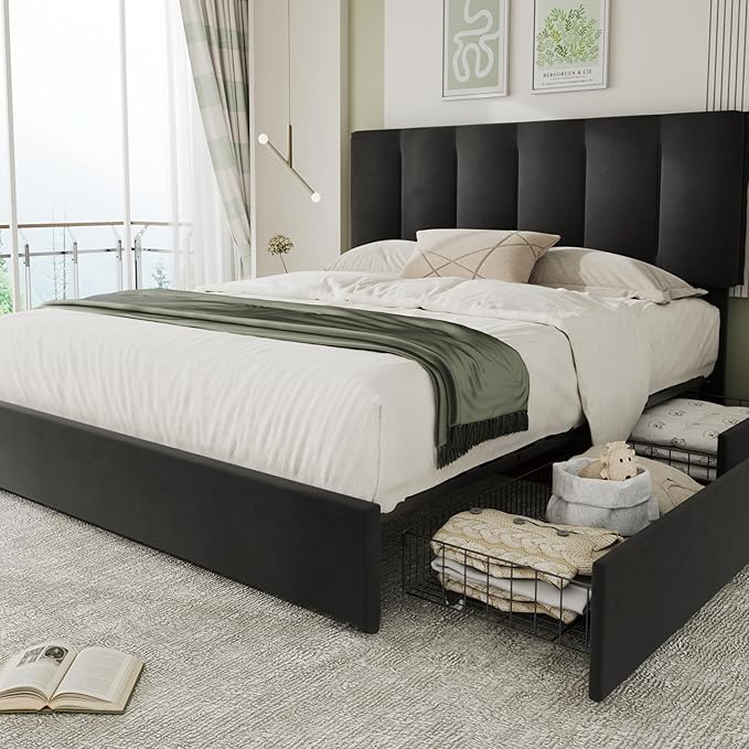 VECELO Queen Size Bed Frame with 4 Storage Drawers, Adjustable Height Headboard, Heavy-Duty Platform Bedframe with Strong Wooden Slats, No Box Spring Needed, Black