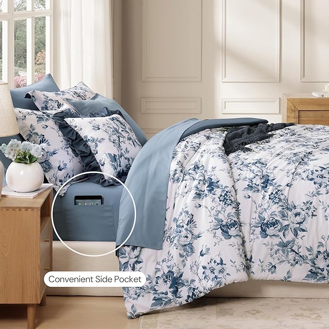 California King Comforter Set -7 Pieces Floral Rain Washed Bedding Set for All Seasons, Bed in a Bag with Botanical Flowers Comforter, Sheets, Pillowcases & Shams
