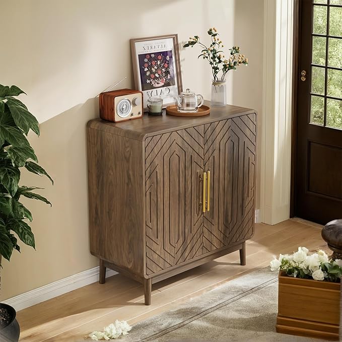 Ball & Cast 32" Modern Sideboard Cabinet with Storage, Carved 2-Door Buffet w/Adjustable Shelves & Solid Wood Legs, Credenza & Accent Cabinet for Living Room, Entryway, Kitchen,Dining Room,Walnut