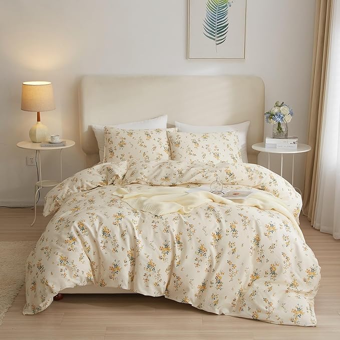 Vintage Yellow Flower Comforter Set Queen Fluffy Soft Floral Bedding Comforter Boho Flower Leaves Botanical Comforter Cottagecore Bedding Set Aesthetic Floral Comforter Set Queen Size for All Season