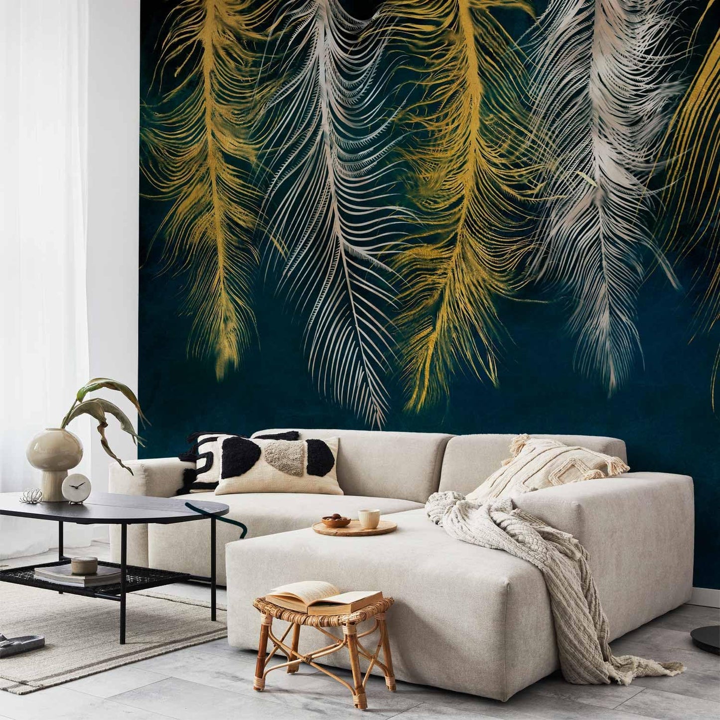 artgeist Wall Mural Feather 96x69 in - XXL Peel and Stick Self-Adhesive Wallpaper Removable Large Sticker Foil Wall Decor Print Picture Image Design Abstract Beige Navy Blue b-A-0812-a-a