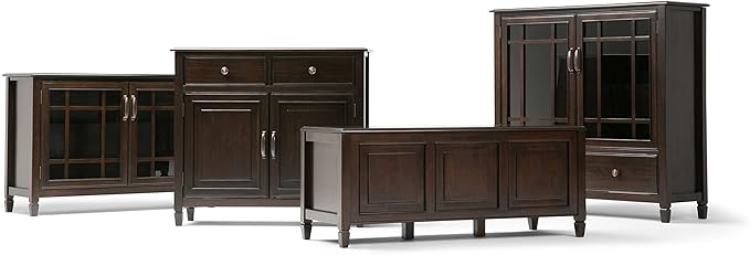 SIMPLIHOME Connaught Storage Cabinet - 46 inch Wide Solid Wood Low Storage Cabinet in Dark Chestnut Brown, Traditional Console for Living Room, Entryway, or Dining Room with Glass Doors and Shelves