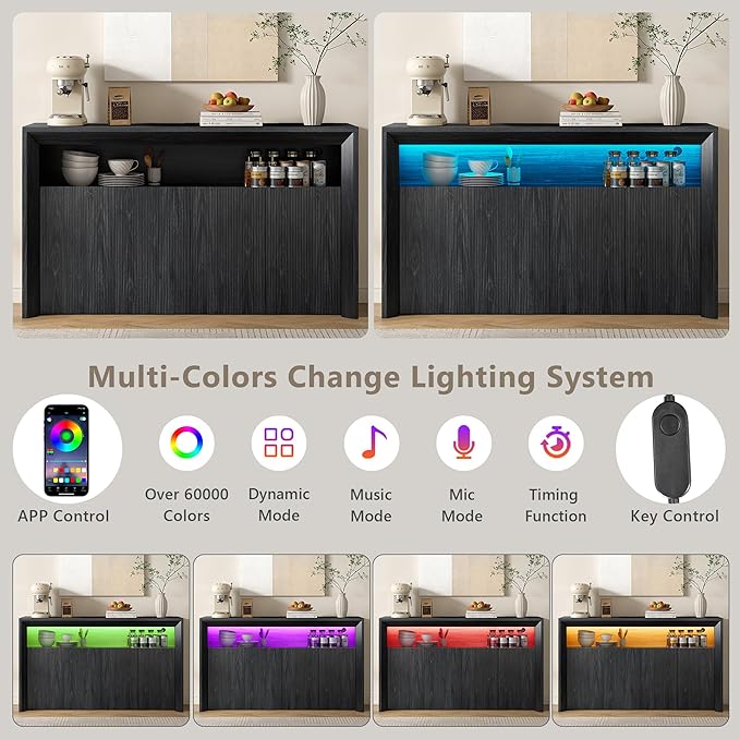 Feonase Buffet Cabinet with Storage & Led Lights, 66.2" Modern Sideboard Cabinet with 4 Doors & Shelves, Fluted Media Console Mid Century, Coffee Bar Table for Dining Room Kitchen, Dark Grey