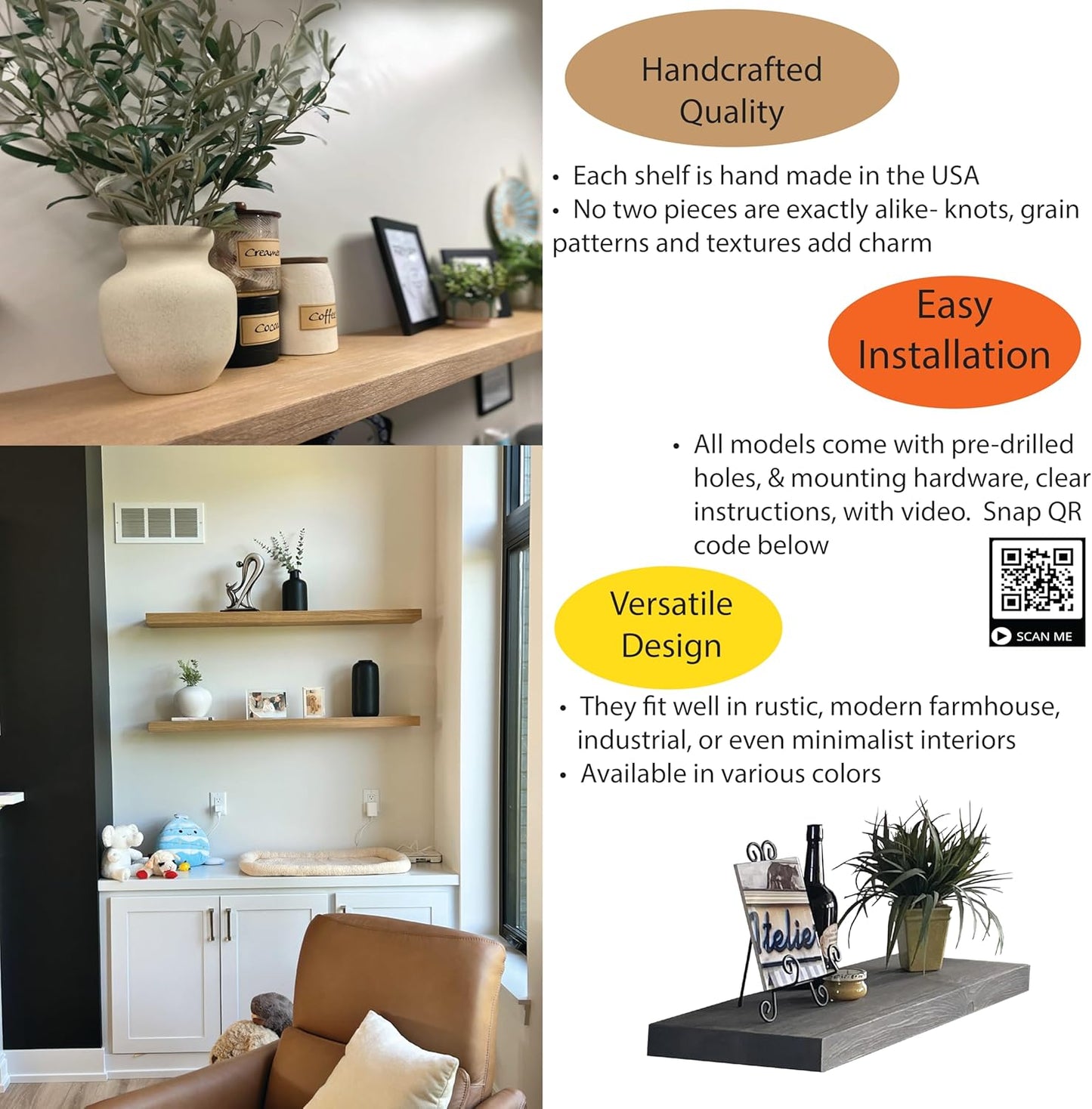 joelsantiques - 48 Inch Wooden Floating Shelves for Wall - 48x8x2 in - Made of Natural Wood - Long Heavy Duty Rustic Wall Shelves for Bedroom - Perfect for Living Room, Kitchen - Natural