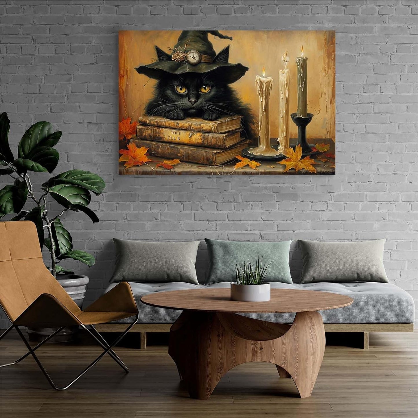 Vintage Halloween wall decoration black cat and magic book suitable for home bedroom living room decoration dark classic art witch wall decoration8x12in Wood Framed
