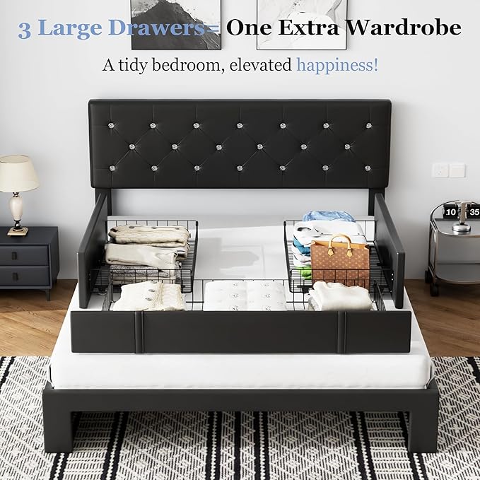 VECELO Full Size Bed Frame with 3 Storage Drawers, Leather Upholstered with Diamond Tufted Headboard, Solid Wood Slat Support, No Box Spring Needed, PU Black