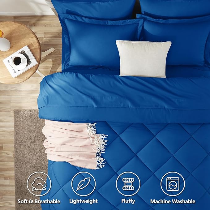 CozyLux Queen Comforter Set Classic Blue - Bed in a Bag Queen Size 7 Pieces, Luxury Soft Bed Set for All Seasons, Bedding Set with Down Alternative Comforter, Sheets, Pillowcases & Shams