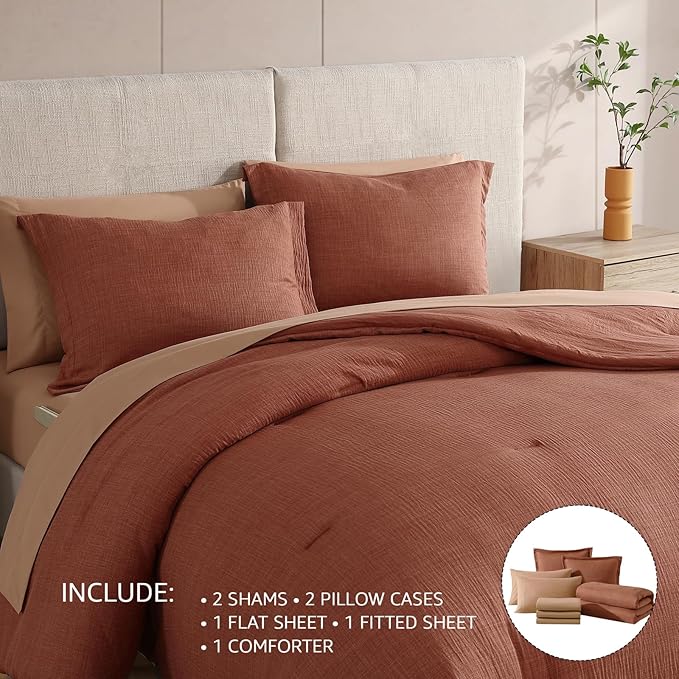 Geniospin King Size Comforter Set- 7 Pieces Terracotta Textured King Bedding Set, Soft Solid Bed in a Bag for All Seasons, Fall Comforter Set with Sheets