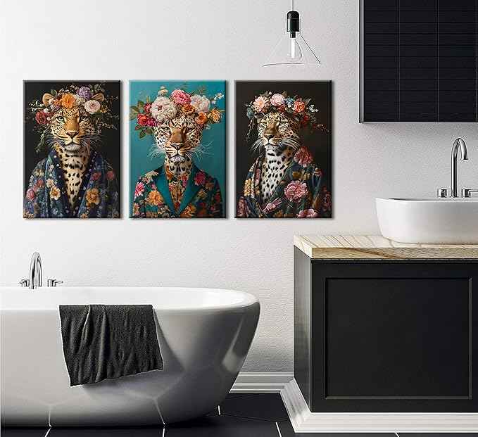 Bathroom Leopard In a Bathrobe Wall Art Maximalist Eclectic Cheetah Posters Pictures Animals And Flowers Canvas Prints Funky Animals Painting Wall Decor y2k Aesthetic Room Decoration Framed