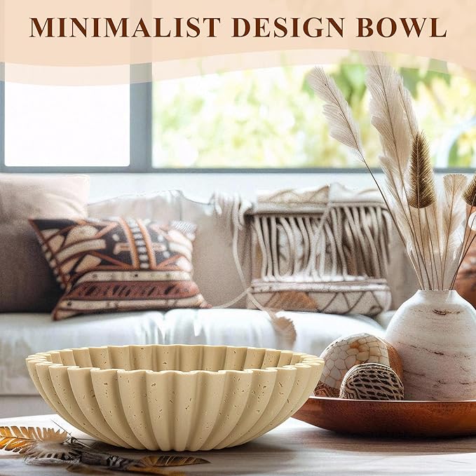 Large Decorative Bowl, Modern Handicraft Bowls for Home Decor, Decorative Fruit Bowl for Kitchen Counter, Ruffle Decor, Stylish Key Bowl for Entry Table, Artificial Travertine Beige