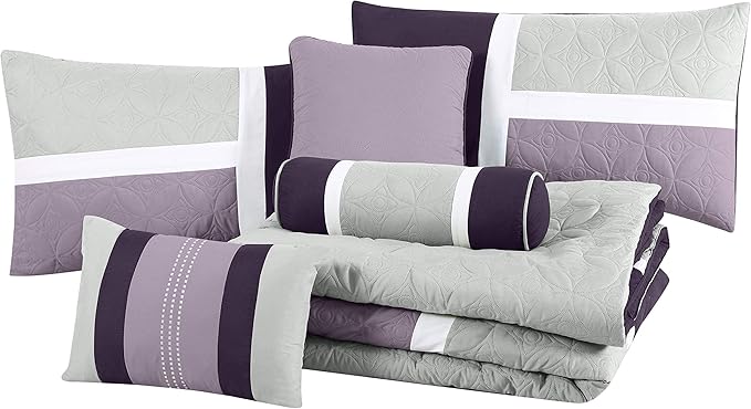 Chezmoi Collection Upland 7-Piece Quilted Patchwork Comforter Set, Lavender/Gray/Purple, California King