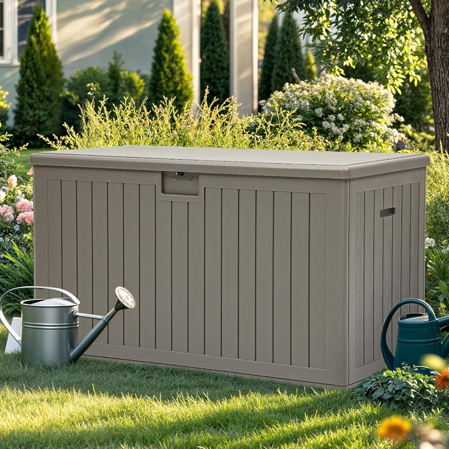 YITAHOME 200 Gallon Extra Large Deck Box, Double-Wall Resin Outdoor Storage Box with Flexible Divider for Patio Cushions Pool Supplies Garden Tools, 990 lbs Load Capacity, Lockable (Light Brown)