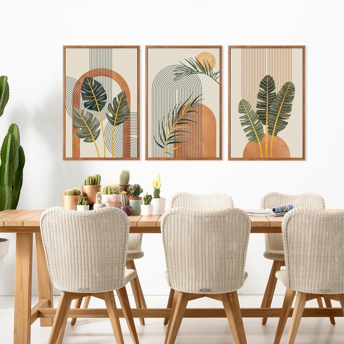 KAIRNE Boho Canvas Wall Art,Tropical Palm Leaf Wall Decor,Mid-Century Geometric Illustrations Set of 3(16”X24”),Abstract Line Pictures,Modern Botanical Prints for Living Room Bedroom Dining Room Decor
