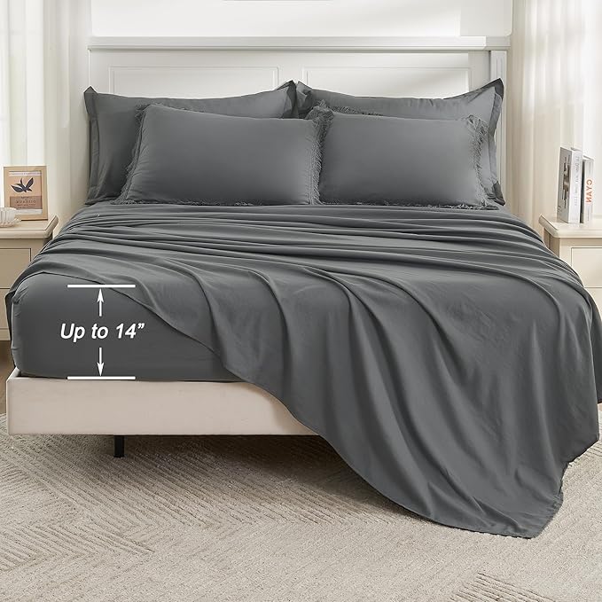 Andency California King Size Comforter Set with Sheets Dark Grey - 7 Pieces Cal King Bed in a Bag Boho Bedding Sets, Dark Grey Bed Set with Comforter, Sheets, Pillowcases & Shams