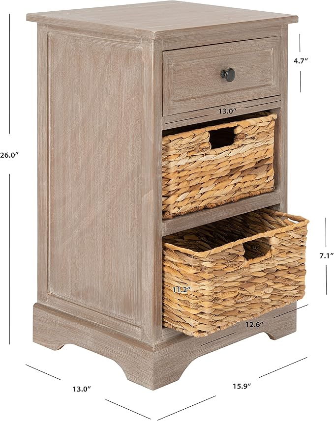 SAFAVIEH Home Collection Carrie White Wash/ Natural Wicker 3-Drawer Storage Nightstand Side Table (Fully Assembled)