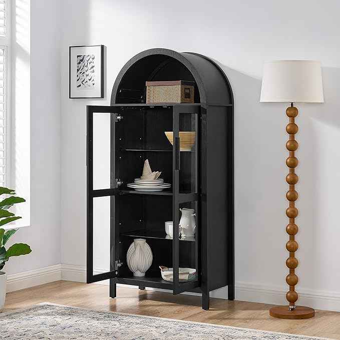 Arched Storage Cabinet with Doors, Display Cabinet with LED Light, 5-Tier Display Cases for Collectibles, Curio Cabinet with Ajustable Shelf for Living Room, Black