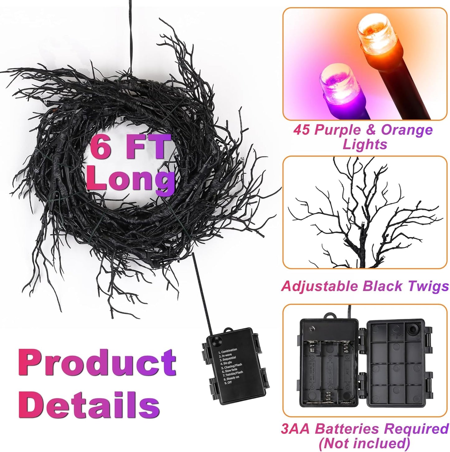6 FT 45 LED Willow Vine Twig Decor Black Halloween Garland with Orange Purple Lights, Timer 8 Modes Waterproof Battery Operated Indoor Halloween Decorations for Wall Fireplace Mantle Home Office Decor