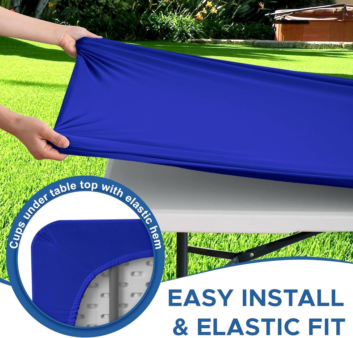 Fitted Tablecloth for 8 Foot Rectangle-4 Pack Royal Blue Elastic Outdoor Picnic Table Cover-Spandex Stretch Folding Table Cloths 8ft for Camping Dining Room Patio Kitchen Banquet Party