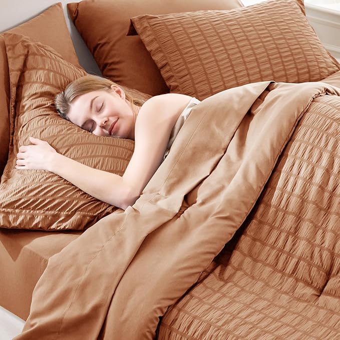 CozyLux Full Size Comforter Sets with Sheets Seersucker 7 Pieces Pumpkin Bed in a Bag Textured Luxury Soft Bedding Set with Down Alternative Comforter, Sheets, Pillowcases & Shams for All Seasons