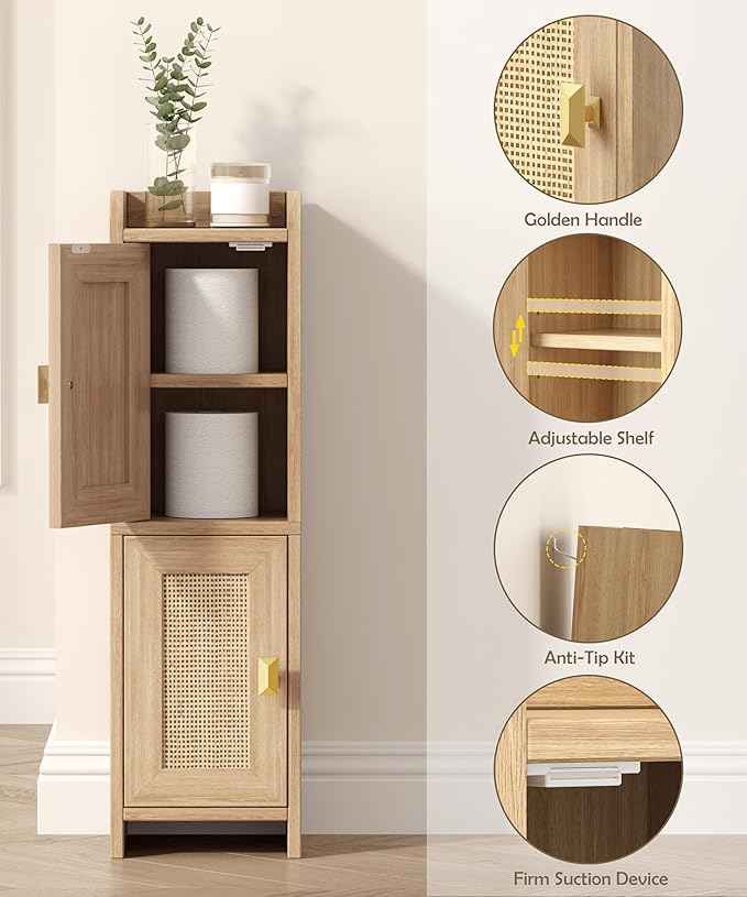 Rattan Small Bathroom Cabinet with 2 Doors, 7.9''D x 7.9''W Narrow Toilet Paper Storage Cabinet, Bathroom Organizer for Small Spaces, Wooden Slim Corner Unit with Adjustable Shelf, Natural Oak