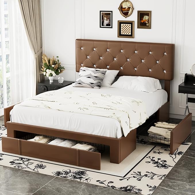 VECELO Full Size Bed Frame with 3 Storage Drawers, Leather Upholstered with Diamond Tufted Headboard, Solid Wood Slat Support, No Box Spring Needed, PU & Brown