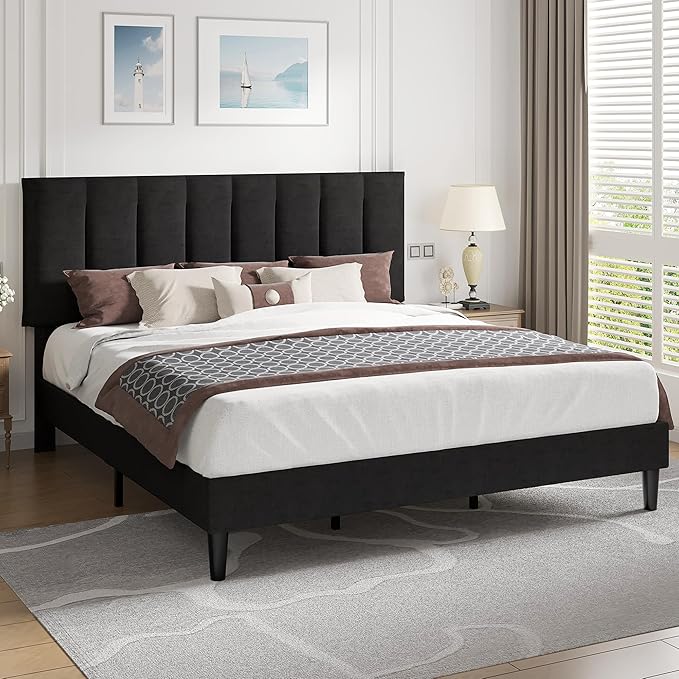 VECELO King Size Bed Frame with Upholstered Headboard, Heavy-Duty Bedframe with Strong Wooden Slats Support, No Boxing Spring Needed, Black