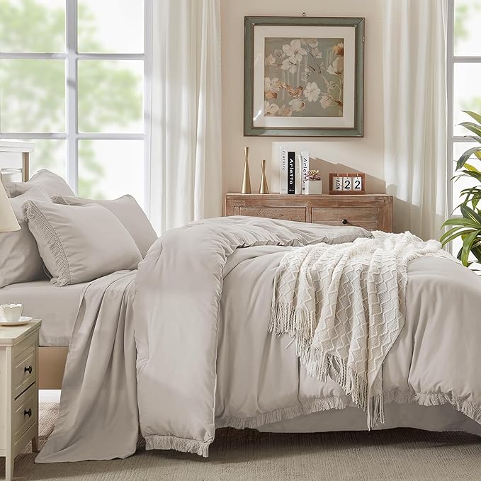 Andency Queen Comforter Set with Sheets Heather Grey - 7 Pieces Boho Tassel Bed in a Bag Soft Lightweight Bedding Sets, Fringe Bed Set with Comforter, Sheets, Pillowcases & Shams