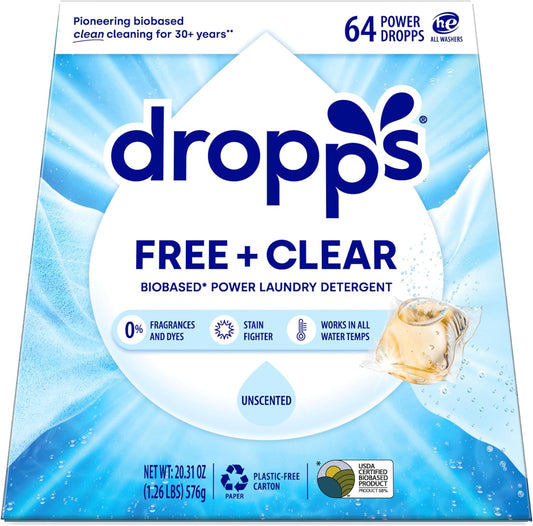 Dropps Free + Clear Biobased Power Laundry Detergent Pods, Unscented (64 Count) - HE Compatible Laundry Pods for Fresh Clothes - Laundry Soap Supplies & Recyclable Paperboard Packaging - Décor Diaries