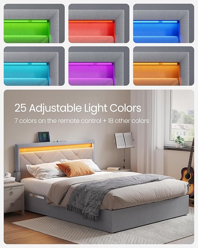 VASAGLE LED Bed Frame Queen Size, Queen Bed with Headboard and 4 Drawers, 1 USB Port and 1 Type C Port, Adjustable Upholstered Headboard 36.7/39.3 Inches, No Box Spring Needed, Light Gray URMB821G01