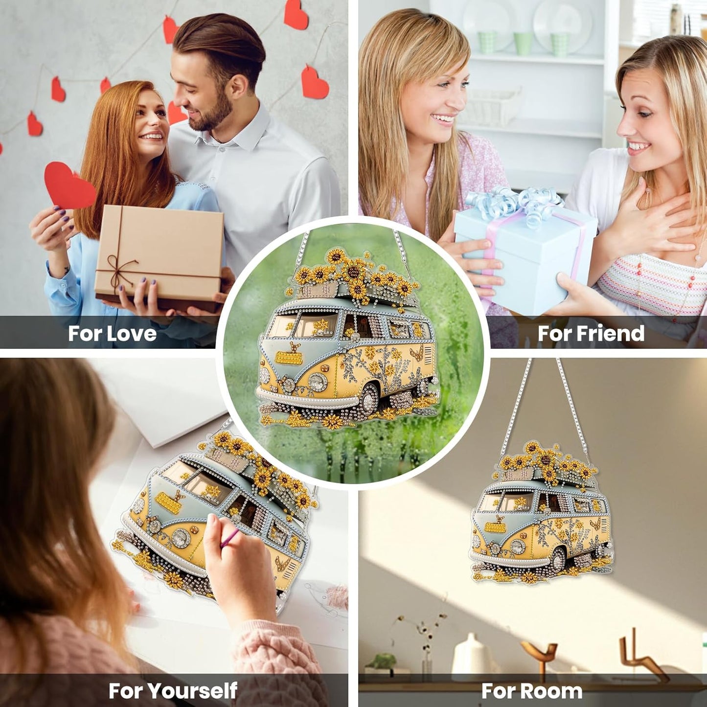 EOBROMD Diamond Hanging Art Kits for Adults, Travel Bus Suncatcher Diamond Art Painting, DIY Special Shaped Rhinestone Kits for Adults, Window Pendants Home Garden Wall Hanging Ornament