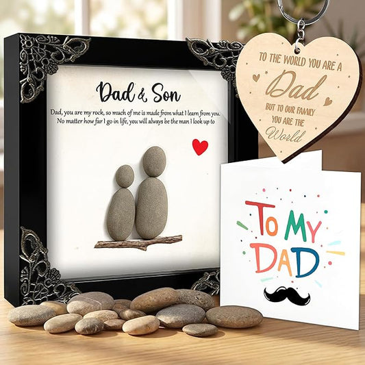 Dads Gifts from Son, 4.7" Pebble Art Frame Dad & Son Plaque, Heart Wooden Keychain, Thank You Card, Best Dad Ever Gift Set, Valentines Birthday Gift for Daddy, Fathers Day Present S200-47