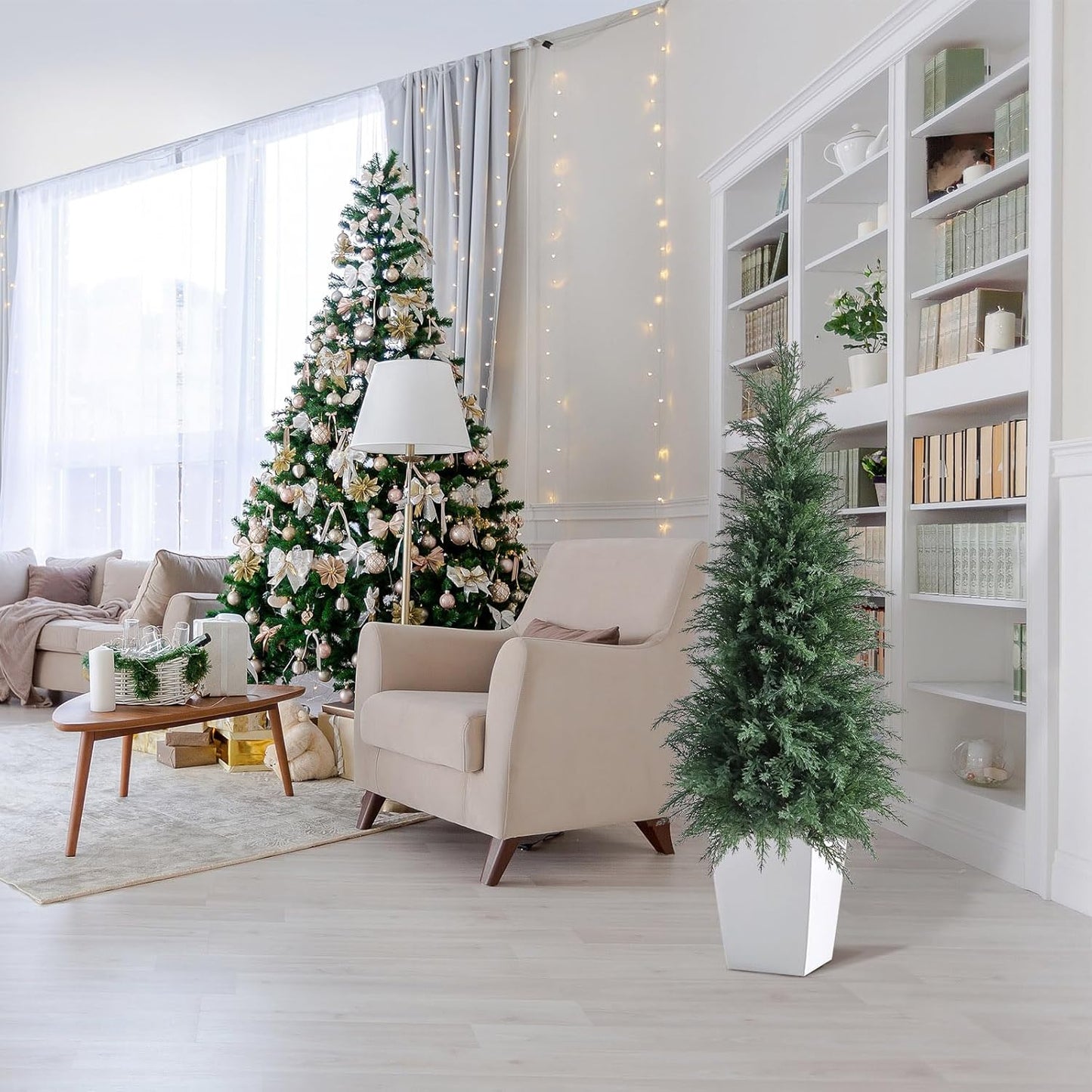 Artificial Cedar Topiary Trees 4FT Set of 2 Lifelike Faux Evergreen Cypress Bushes UV Resistant Outdoor Christmas Trees Realistic Potted Plants for Indoor Outdoor Decor