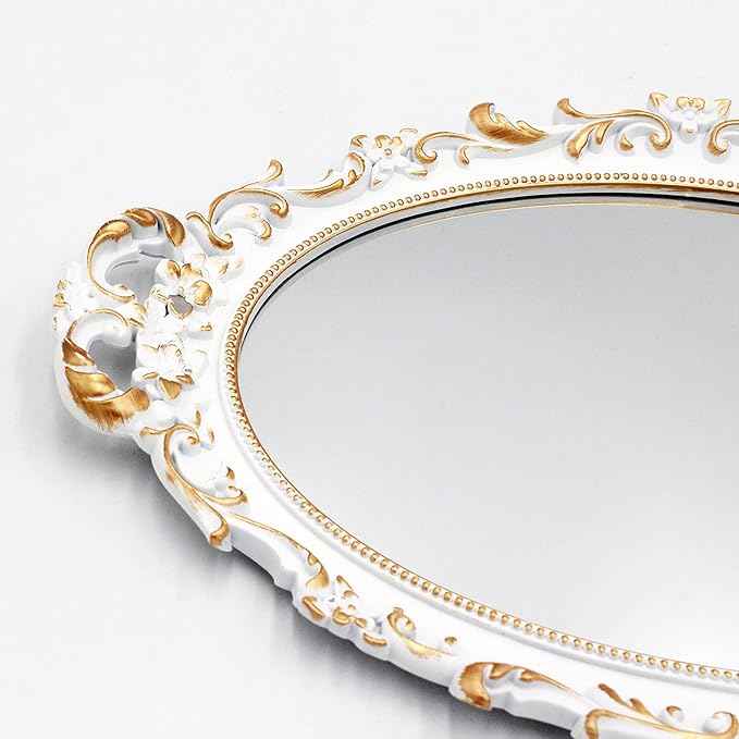 2 Pack - Vintage Decorative White Framed Mirror, Wall Hanging Mirrors & Tabletop Tray for Bedroom Living Room Dresser Decor, Oval- 9.6" W x 14.3" L (WHITE-2PACK)