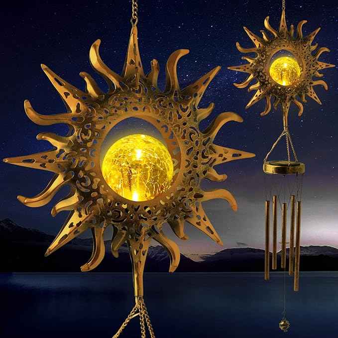 Solar Sun Light Wind Chimes for Outside for Women Gifts for Mom Grandma Wife Birthday Gift Crackle Glass Ball Windchimes Gardening Gift for Outdoor Patio Decor Yard Porch Decorations
