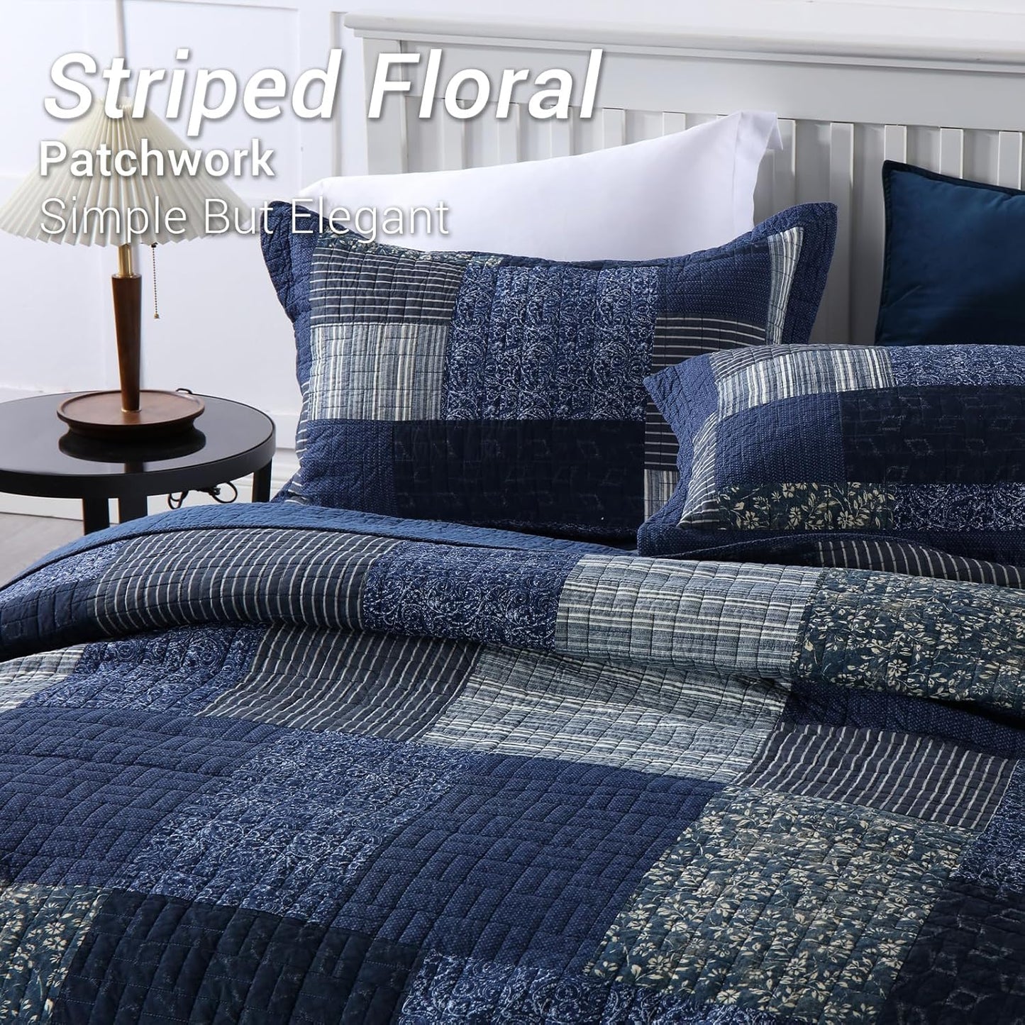 Yvooxny Quilts King Size Reversible Lightweight Bedspread 3-Piece Quilt Set Plaid Floral Patchwork 100% Cotton King Quilt Set Bedding Set with Pillow Shams for All Seasons, Azure Blue, 98x106''