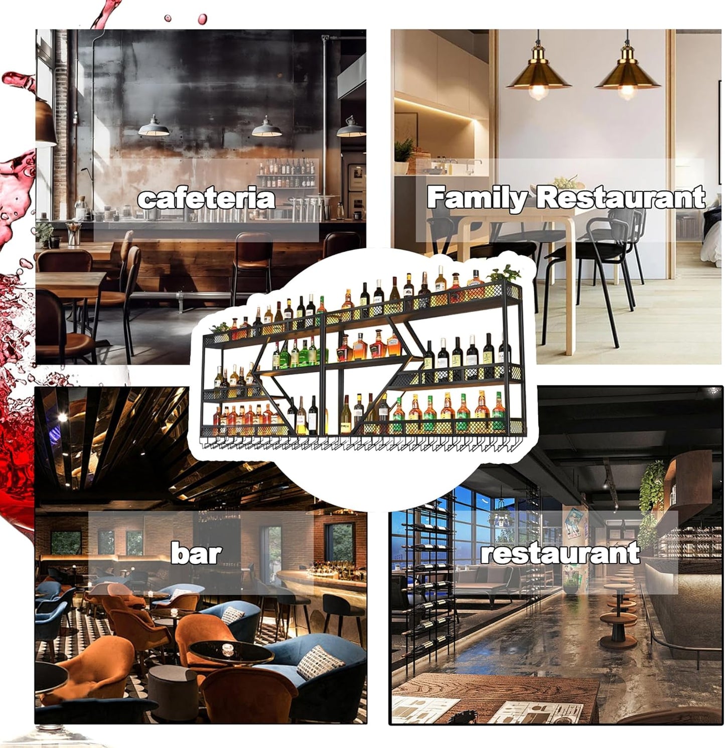 Wall Mounted Wine Rack with Glass Holder, 3-Tier Metal Storage Shelf, Black Diamond Design, Wine Bottle Display with Stemware Storage (Black, 63in/160cm)