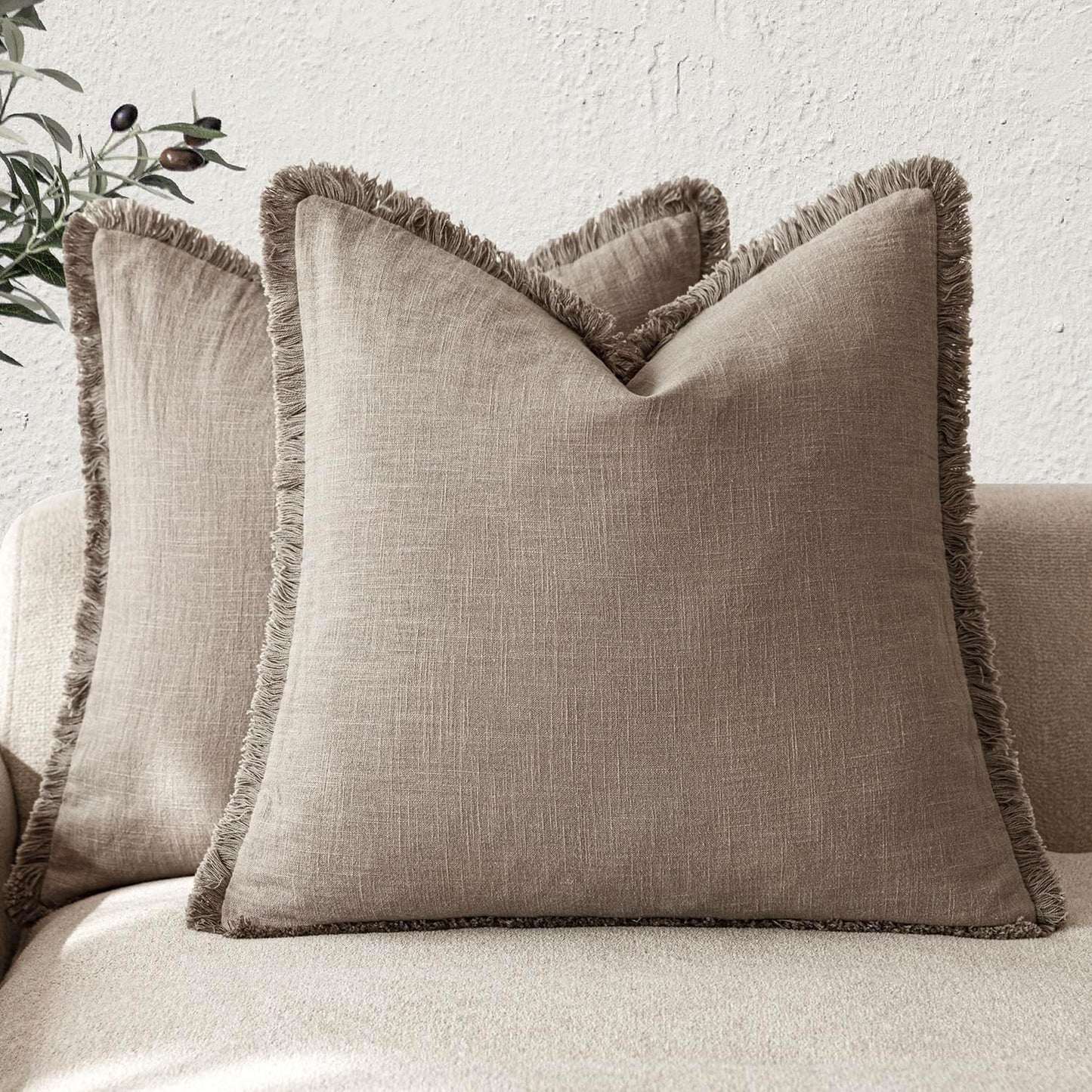 Foindtower Set of 2 Decorative Linen Fringe Throw Pillow Covers Boho Farmhouse Cushion Cover with Tassels Accent Pillowcase for Couch Chair Sofa Bed Living Room Home Decor,16×16 Inch,Brown Tan