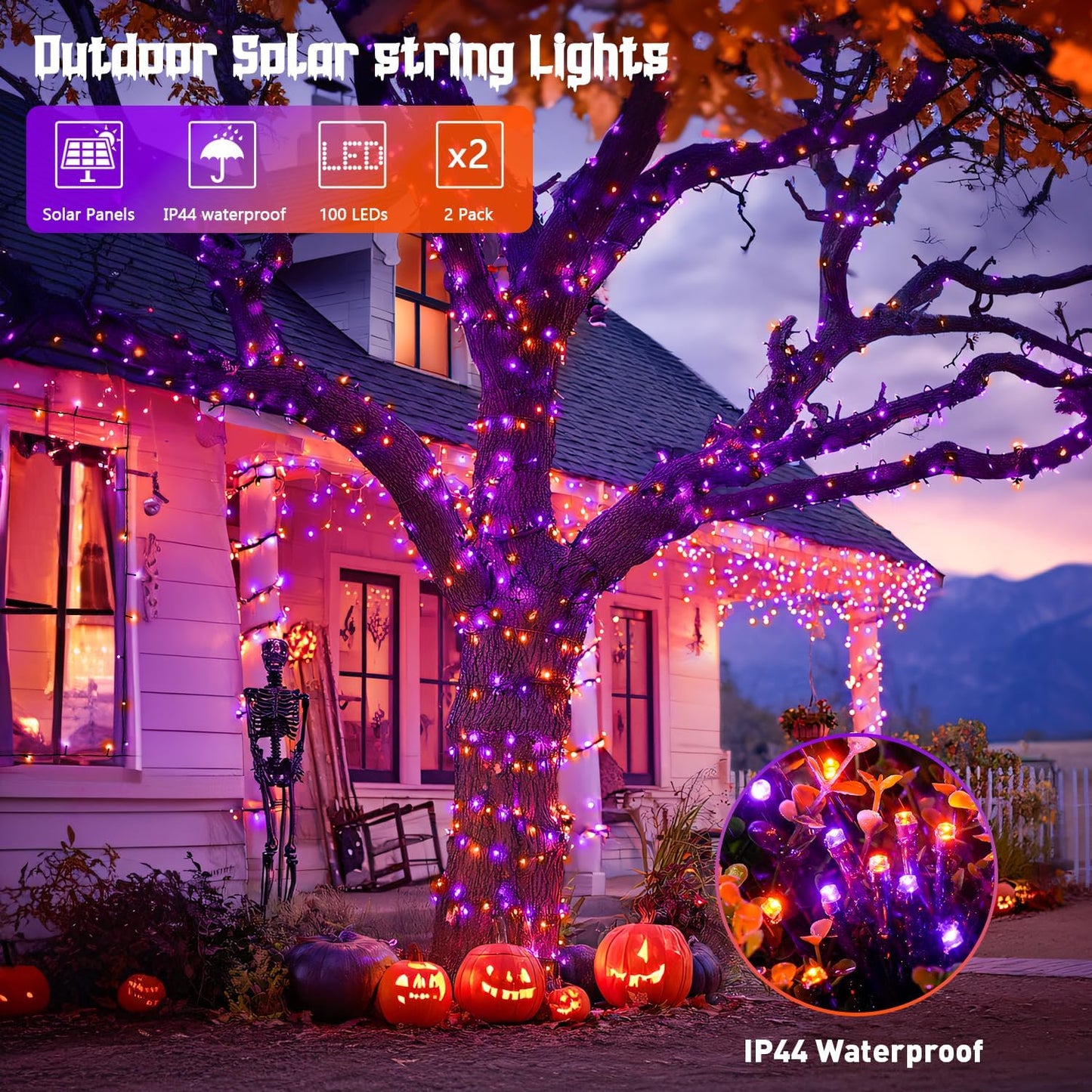 JMEXSUSS Orange and Purple Solar Halloween Lights, 2 Pack Each 100 Led Solar String Lights Outdoor Waterproof for Halloween Tree Christmas Decoration