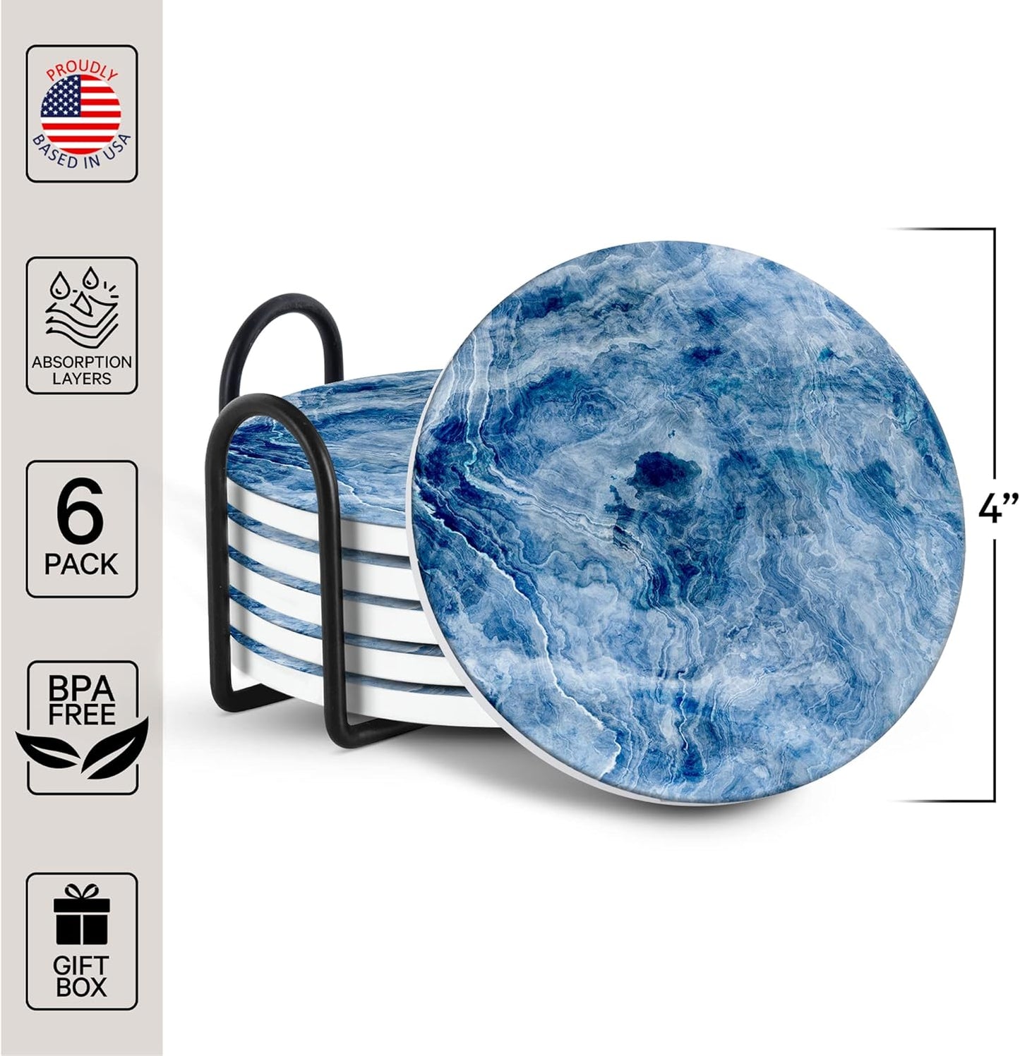 Emerson Coasters for Drinks Absorbent – Natural Stone Drink Coasters Set with Holder, Coasters for Coffee Table, Wooden Tabletop Protection Marble Style – 100% Heavy Duty Set of 6 (Glacier)